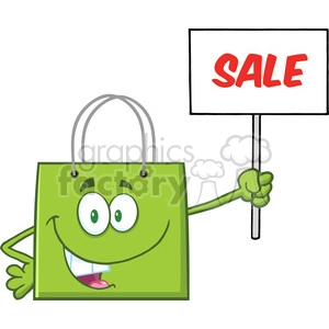8764 Royalty Free RF Clipart Illustration Green Shopping Bag Cartoon Character Holding Up A Blank Sign With Text Vector Illustration Isolated On White