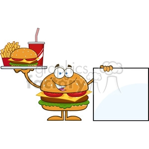 8580 Royalty Free RF Clipart Illustration Hamburger Cartoon Character Holding A Platter With Burger, French Fries And Soda By Blank Sign Vector Illustration Isolated On White