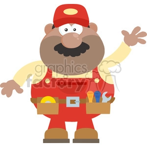 8531 Royalty Free RF Clipart Illustration African American Mechanic Cartoon Character Waving For Greeting Flat Style Vector Illustration Isolated On White