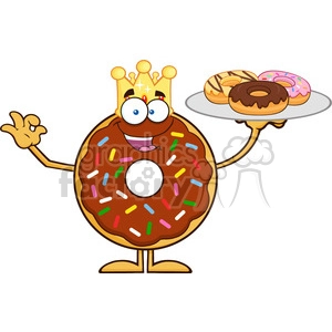 8703 Royalty Free RF Clipart Illustration King Chocolate Donut Cartoon Character Serving Donuts Vector Illustration Isolated On White