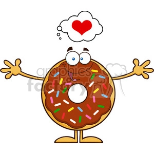 8696 Royalty Free RF Clipart Illustration Chocolate Donut Cartoon Character With Sprinkles Thinking Of Love And Wanting A Hug Vector Illustration Isolated On White