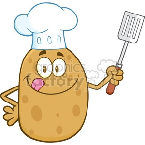 8791 Royalty Free RF Clipart Illustration Chef Potato Character Licking His Lips And Holding A Spatula Vector Illustration Isolated On White