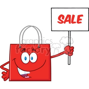8758 Royalty Free RF Clipart Illustration Red Shopping Bag Cartoon Character Holding Up A Blank Sign With Text Vector Illustration Isolated On White
