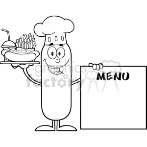 8495 Royalty Free RF Clipart Illustration Black And White Chef Sausage Cartoon Character Carrying A Hot Dog, French Fries And Cola Next To Menu Board Vector Illustration Isolated On White