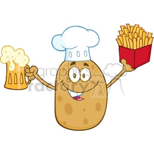 8795 Royalty Free RF Clipart Illustration Chef Potato Cartoon Character Holding Fries And Holding A Beer Vector Illustration Isolated On White