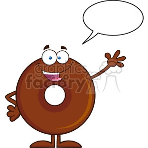 8707 Royalty Free RF Clipart Illustration Cute Chocolate Donut Cartoon Character Waving Vector Illustration Isolated On White With Speech Bubble