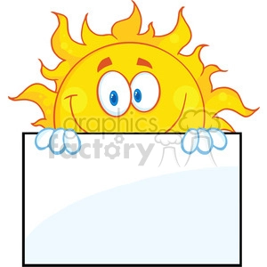7042 Royalty Free RF Clipart Illustration Smiling Sun Cartoon Mascot Character Over A Sign Board