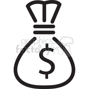 The clipart image shows a black and white icon of a money bag. The symbol represents the concept of money, cash, and wealth.

