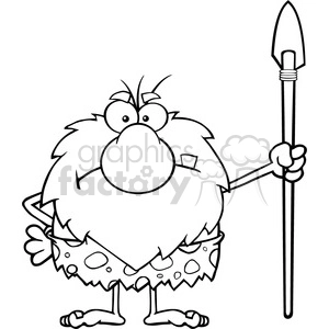 black and white angry male caveman cartoon mascot character standing with a spear vector illustration