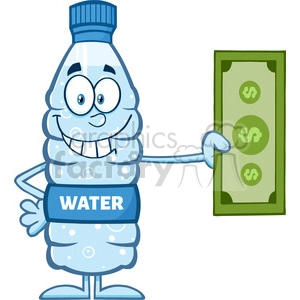 royalty free rf clipart illustration smiling water plastic bottle cartoon mascot character holding a dollar bill vector illustration isolated on white