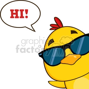 yellow chick wearing sunglasses and peeking around a corner with speech bubble vector illustration