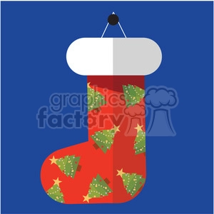 red christmas stocking on blue square with christmas trees vector flat design