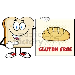 illustration talking bread slice cartoon mascot character pointing to a sign gluten free vector illustration isolated on white background