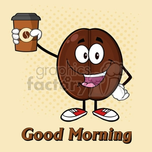 illustration cute coffee bean cartoon mascot character holding up a coffee cup vector illustration with text and background