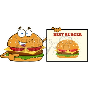illustration smiling burger cartoon mascot character pointing to a sign banner with text best burger vector illustration isolated on white background