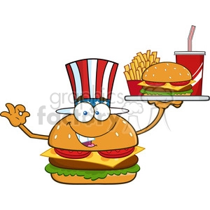 illustration american burger cartoon mascot character holding a platter with burger, french fries and a soda vector illustration isolated on white background