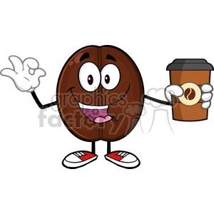 illustration happy coffee bean cartoon mascot character holding a coffee cup and gesturing ok vector illustration isolated on white
