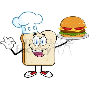 illustration chef bread slice cartoon character presenting perfect hamburger vector illustration isolated on white background