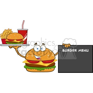 burger cartoon mascot character holding a platter with burger, french fries and soda by sign  burger menu vector illustration isolated on white background
