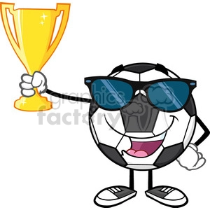 happy soccer ball cartoon character with sunglasses holding a golden trophy cup vector illustration isolated on white background