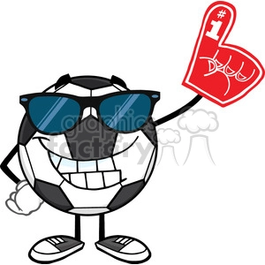 smiling soccer ball cartoon mascot character with sunglasses wearing a foam finger vector illustration isolated on white background