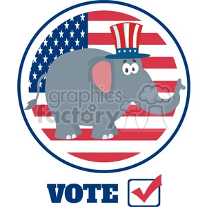 republican elephant cartoon character with uncle sam hat over usa flag label vector illustration flat design style isolated on white