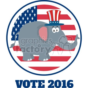 funny republican elephant cartoon character with uncle sam hat over usa flag label vector illustration flat design style isolated on white