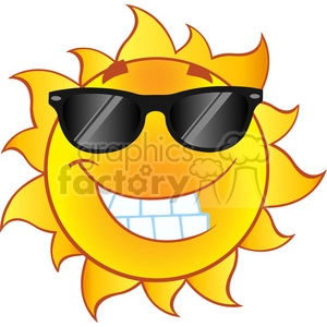 smiling summer sun cartoon mascot character with sunglasses in gradient vector illustration isolated on white background