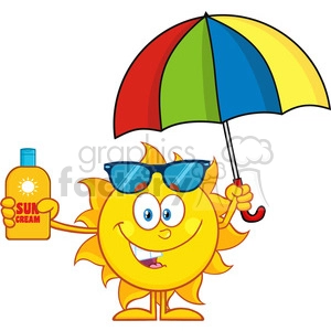 In this clipart image, there is a cartoon representation of the sun wearing sunglasses, smiling, and standing on two legs. The sun character is holding a bottle of sun cream in one hand, which has a label featuring a small sun icon and the text SUN CREAM. In the other hand, it is holding a multicolored umbrella, which features colors like red, green, blue, and yellow. The sun appears to be happy and prepared for a sunny day.