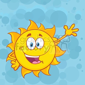 happy sun cartoon mascot character waving for greeting vector illustration over blue background