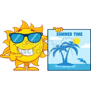 talking sun cartoon mascot character with sunglasses pointing to a poster sign with tropical island and text summer time vector illustration isolated on white background