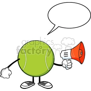 tennis ball faceless cartoon mascot character an announcement into a megaphone with speech bubble vector illustration isolated on white background