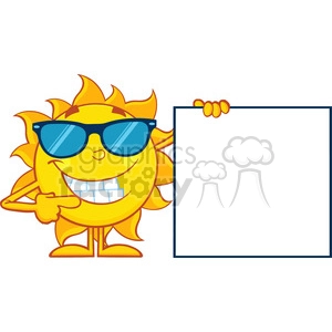 talking sun cartoon mascot character with sunglasses pointing to a blank sign vector illustration isolated on white background