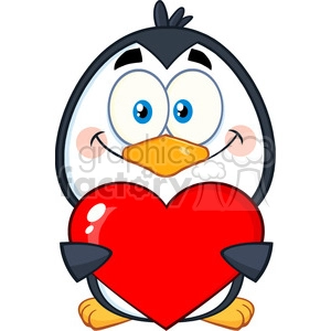 cute penguin cartoon character holding a valentine heart vector illustration isolated on white