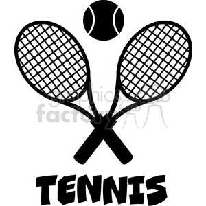 crossed racket and tennis ball black silhouette vector illustration isolated on white with text tennis