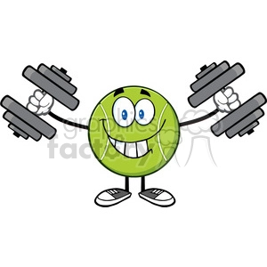 smiling tennis ball cartoon mascot character working out with dumbbells vector illustration isolated on white