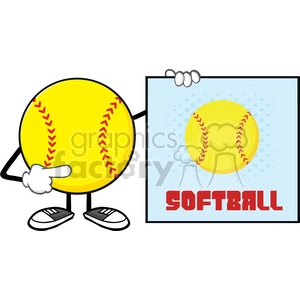 softball faceless cartoon mascot character pointing to a sign with text softball vector illustration isolated on white background
