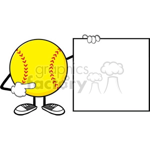 softball faceless cartoon mascot character pointing to a blank sign vector illustration isolated on white background