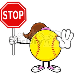 softball girl faceless cartoon mascot character gesturing and holding a stop sign vector illustration isolated on white background