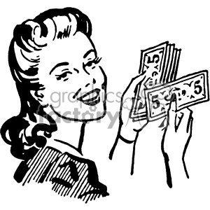 The clipart image shows one vintage women, dressed in retro clothing and holding a stack of dollar bills. The image suggests that the women are successful in generating income or financial profit.
