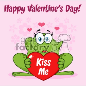 10666 Royalty Free Clipart Smiling Frog Female Cartoon Mascot Character Holding A Valentine Love Heart With Text Kiss Me Vector Greeting Card With Flowers And Text Happy Valentine Day