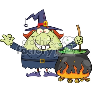 Ugly Halloween Witch Cartoon Mascot Character Preparing A Potion In A Cauldron Vector