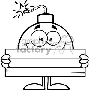 10786 Royalty Free RF Clipart Black And White Smiling Bomb Cartoon Mascot Character Holding Wooden Blank Sign Vector Illustration