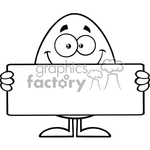 10935 Royalty Free RF Clipart Black And White Cute Egg Cartoon Mascot Character Holding A Blank Sign Vector Illustration