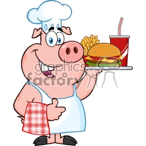 The clipart image features a cartoon pig wearing a chef's hat and apron. The pig is holding a tray with a hamburger, fries, and a cup of soda, indicating that it is likely a chef in a restaurant that serves fast food. The pig is smiling and giving a thumbs-up, which suggests satisfaction or endorsement of the meal.