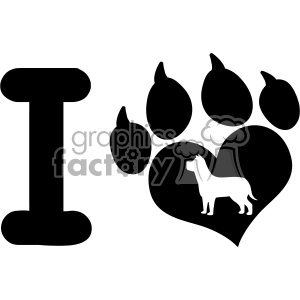 10711 Royalty Free RF Clipart I Love With Black Heart Paw Print With Claws And Dog Silhouette Logo Design Vector Illustration