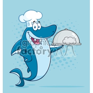 The image features a cartoon shark standing upright and smiling. The shark is wearing a chef's hat and holding a metal cloche dish cover with its left fin, suggesting it's serving food. The shark has a friendly and inviting facial expression, and there's a small anchor tattoo on its right side fin. The background is a simple blue with bubbles, emphasizing the underwater or sea theme associated with the character.