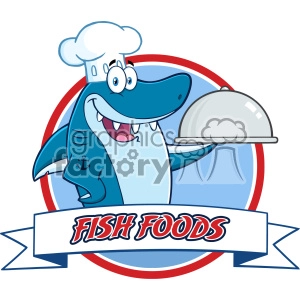 The clipart image shows a cartoon of a whimsical shark character. The shark is wearing a chef's hat, has a cheerful and friendly expression, and is holding a silver cloche (a domed dish cover) as if presenting a meal. There's an anchor tattoo on the shark's fin, contributing to the nautical theme. The character is framed by a circular red and blue border, and there is a ribbon banner at the bottom with the words FISH FOODS.