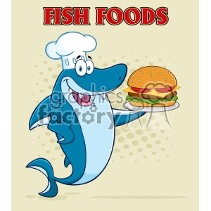 The image is a colorful and humorous clipart that features a cartoon shark dressed as a chef, complete with a white chef's hat. The shark has a big, friendly smile and is holding a plate with a large hamburger on it. Above the shark, the words FISH FOODS are written in a bold, red font with a 3D effect against a light beige background with subtle bubble patterns.