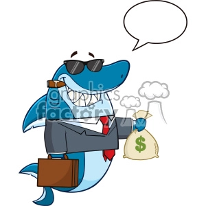 Smiling Business Shark Cartoon In Suit Carrying A Briefcase And Holding A Money Bag Vector Illustration With Speech Bubble